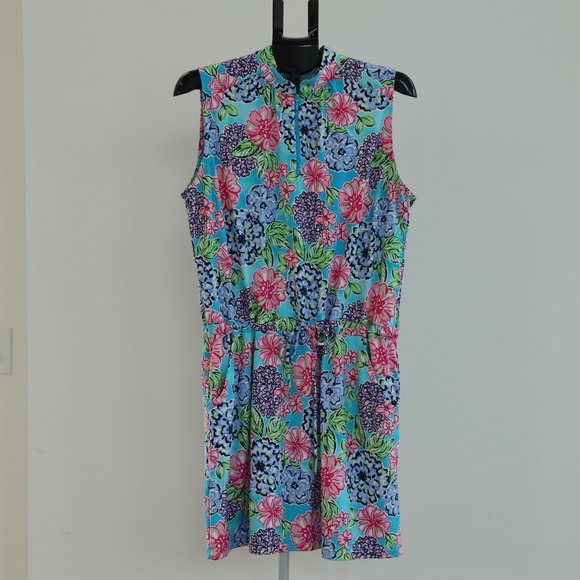 IBKUL Dresses & Skirts - IBKUL Larisa Dress Size Large Turquoise Floral Drawstring Sleeveless Golf Tennis